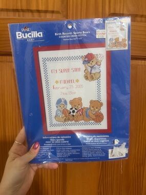 Vintage Bucilla Sports Bears Baby Birth Record Cross Stitch Kit